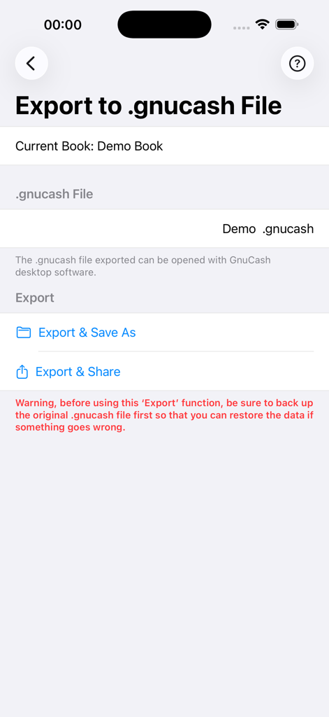 MyLedger: GnuCash Companion - Pantalla de exportación de archivos .gnucash en la aplicación MyLedger con opciones para guardar y compartir