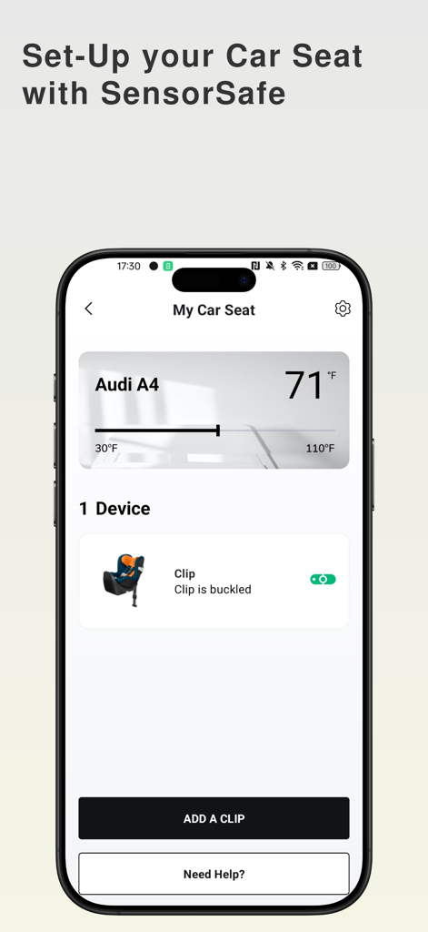 Cybex app interface for SensorSafe displaying car temperature monitoring and seat belt clip status