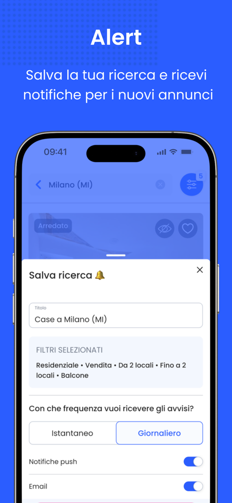 Wikicasa - Cerca e vendi casa - Wikicasa app screen showing property alert and notification settings for a search in Milan
