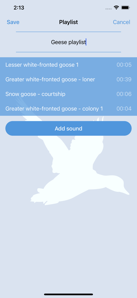 Bird decoy - Captura de tela do aplicativo Espantalho de Pássaros mostrando uma playlist personalizada de gansos com sons como ganso-de-frente-branca-menor e cortejo de ganso-das-neves.