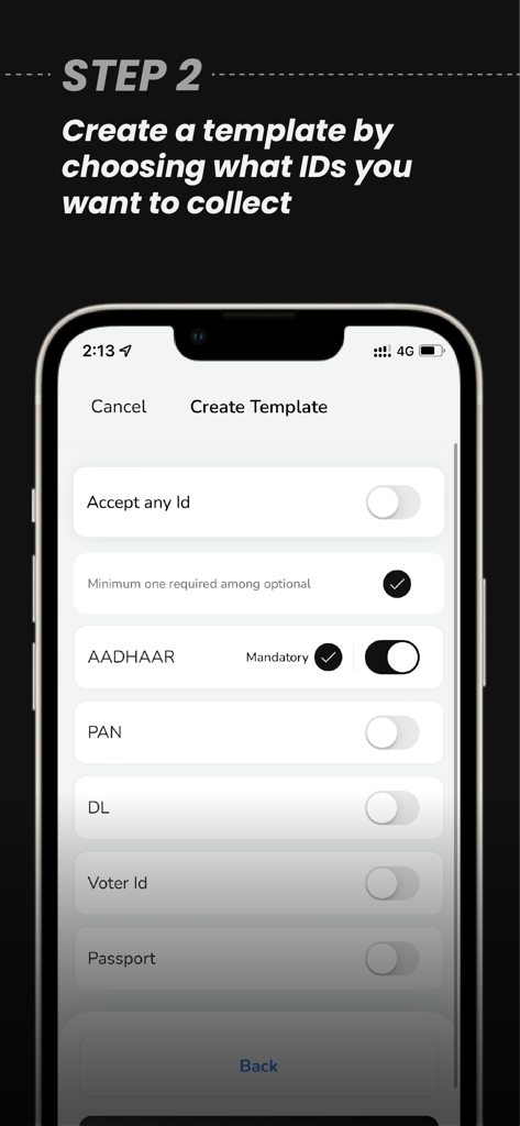 QID - Quick ID - Interface mobile de l'application QID montrant comment créer un modèle de collecte d'identifiants personnalisé avec des options pour divers types de documents.