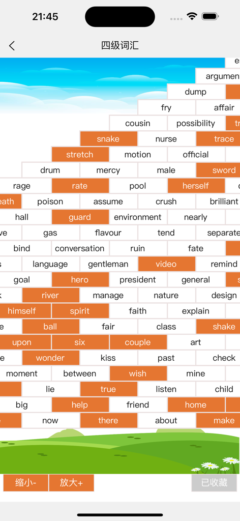 城堡单词 - A digital wall of bricks where each brick displays an English word representing learning progress in the Castle Words app.