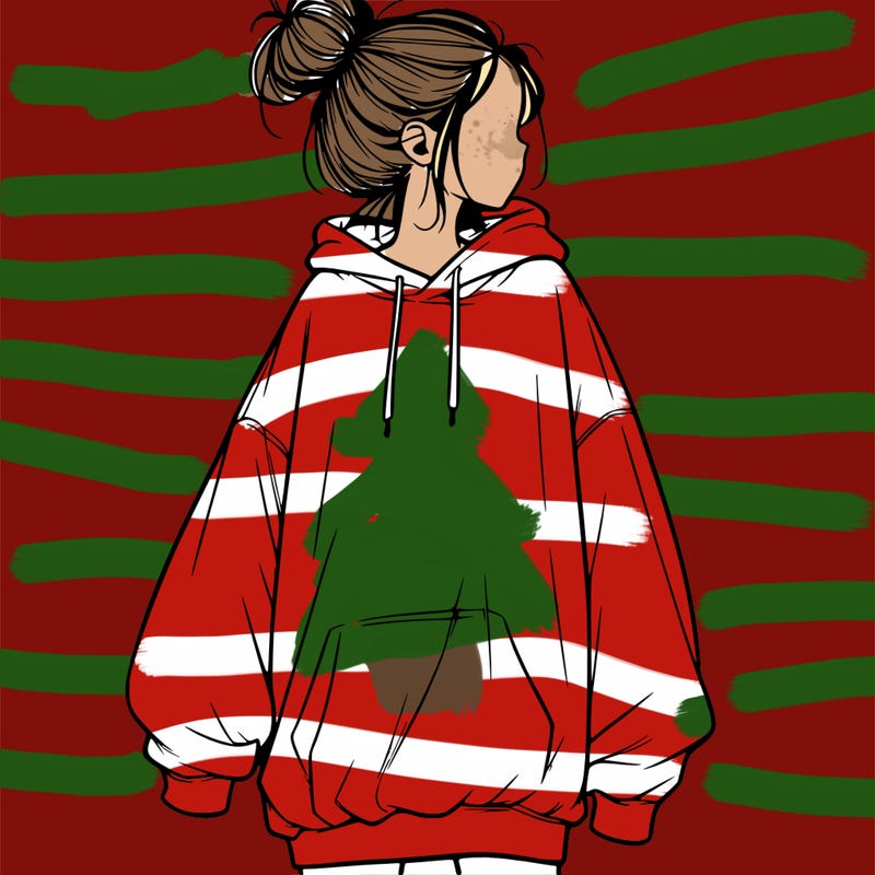 realistic girl with a oversized sweatshirt on and a bun