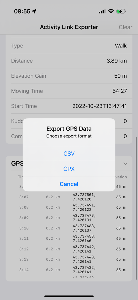 Data Export for Strava - Export GPS data selection menu showing CSV and GPX formats