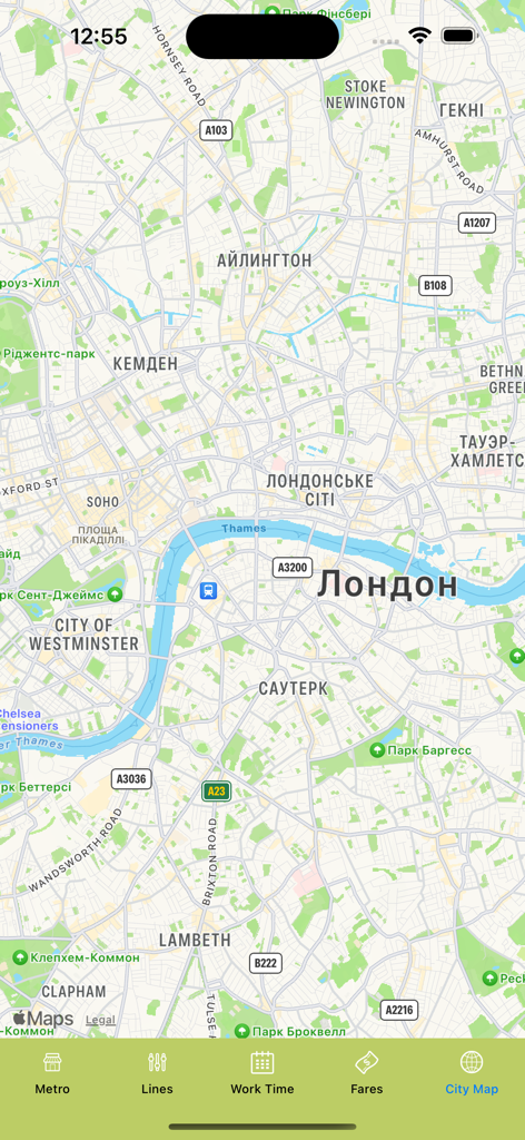 Interfaz de la aplicación London Subway Map que muestra la vista del mapa de la ciudad de Londres con detalles de calles y puntos de referencia cercanos