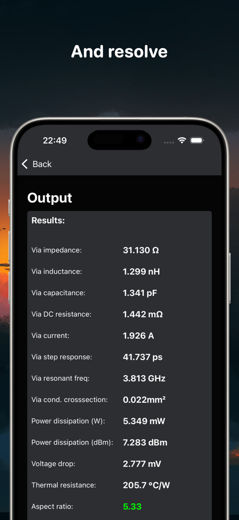 PCB Toolkit - PCB Toolkit app output screen showing technical results for via impedance and thermal resistance
