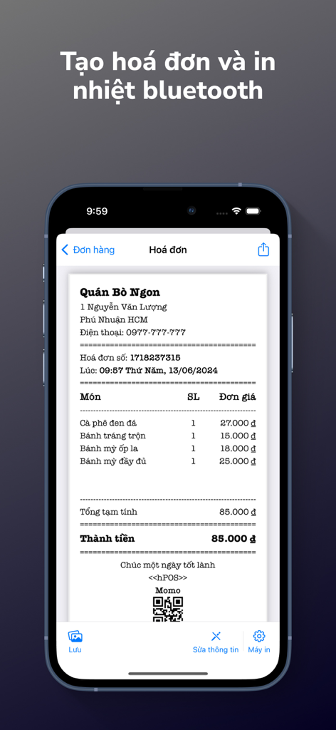 Pré-visualização de recibo de vendas digital em uma tela de smartphone mostrando detalhes do pedido e preços