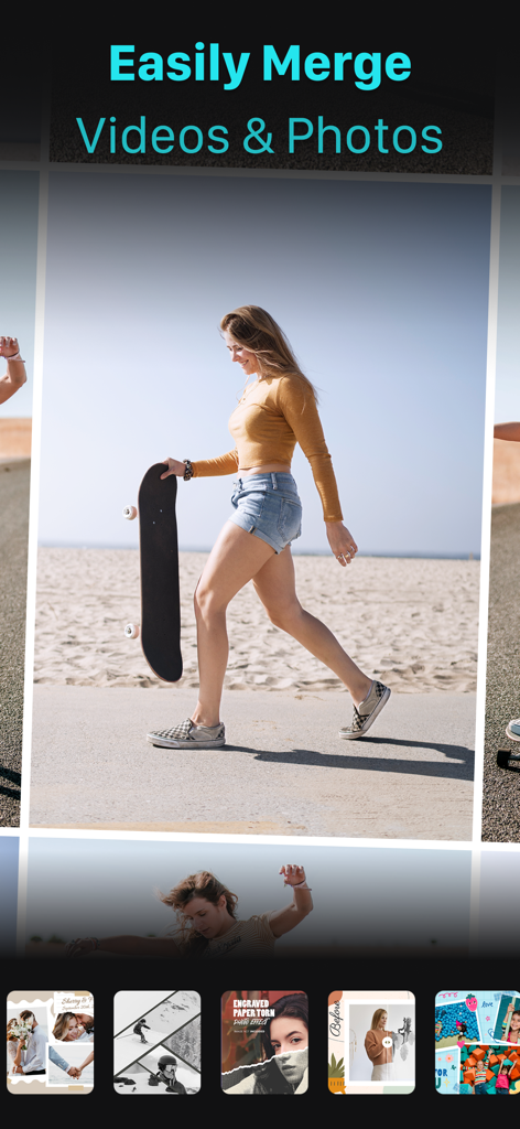 Fotoshow: Photo to video maker - Smartphone screen showing the Fotoshow app interface for merging photos and videos into slideshows