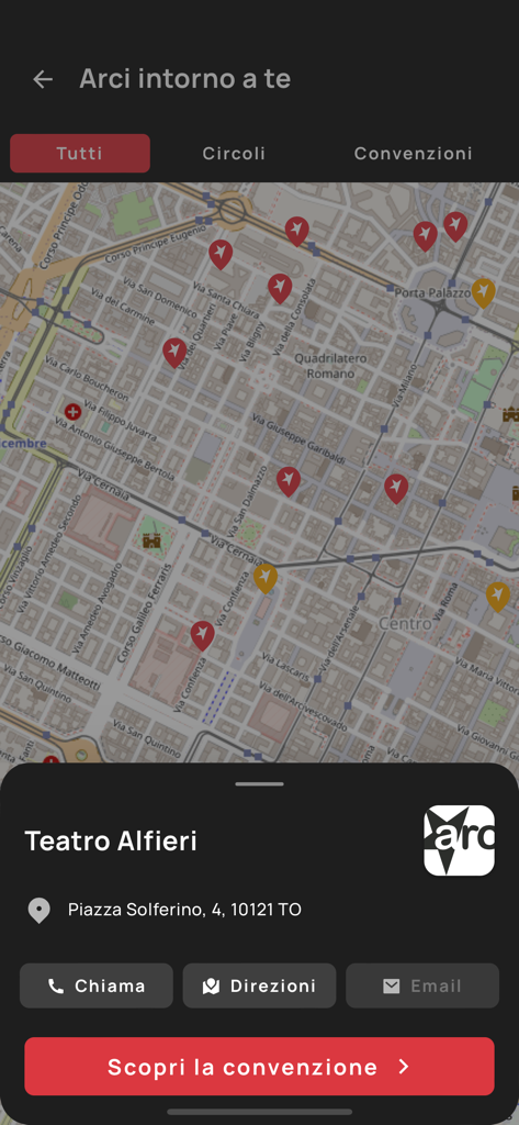 Tessera ARCI - Map view of the Tessera ARCI app showing nearby associations and club details