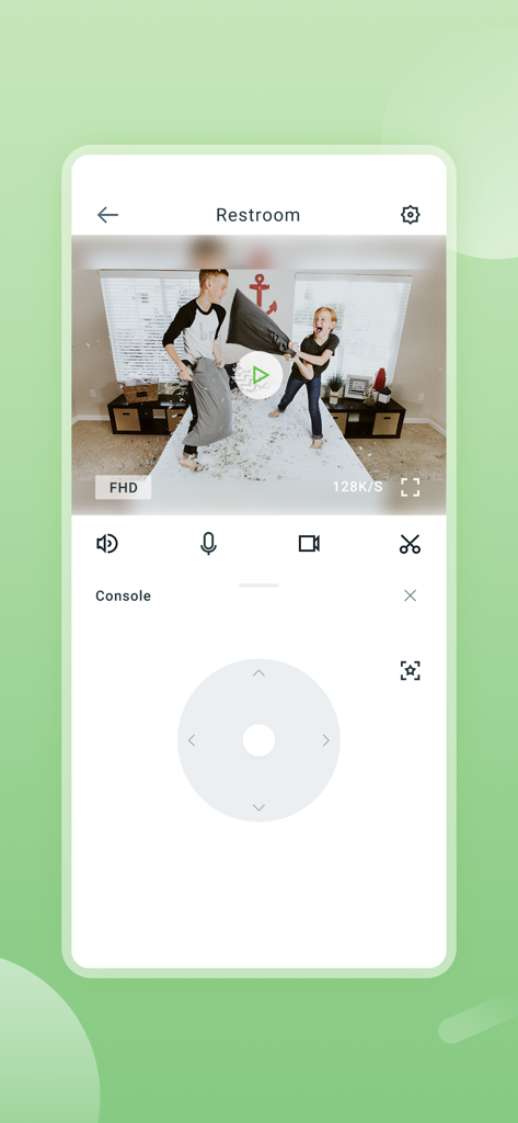 AJCloud - AJCloud mobile app interface showing a live video feed of children and camera pan-tilt-zoom controls