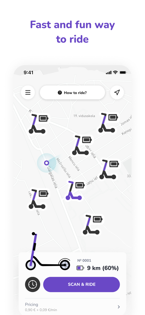 Reby mobility - Interfaccia della mappa dell'app Reby mobility che mostra i monopattini elettrici disponibili e l'opzione di scansione per guidare.