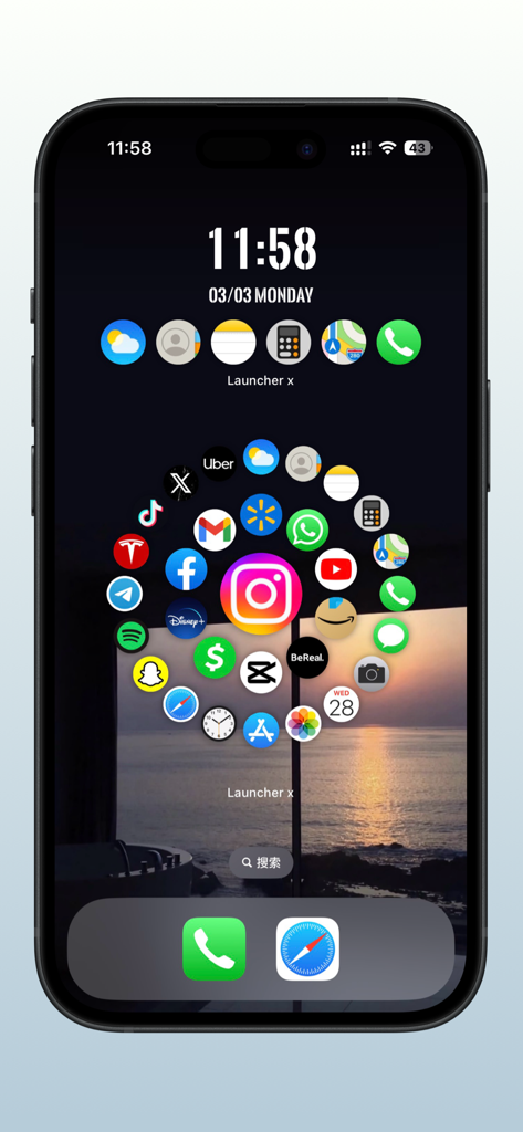 Launcher x – Quick App Widgets - Widget estético de lançador de aplicativos circular em uma tela inicial do iPhone