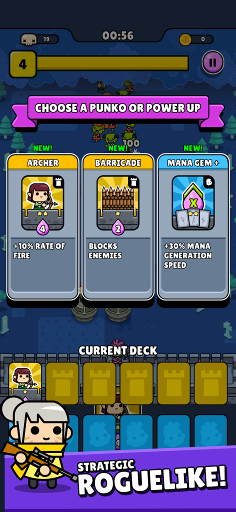 Punko.io: Tower Defense TD - Jogabilidade de Punko.io mostrando uma tela de seleção roguelike estratégica com cartas de power-up de Archer Barricade e Mana Gem.