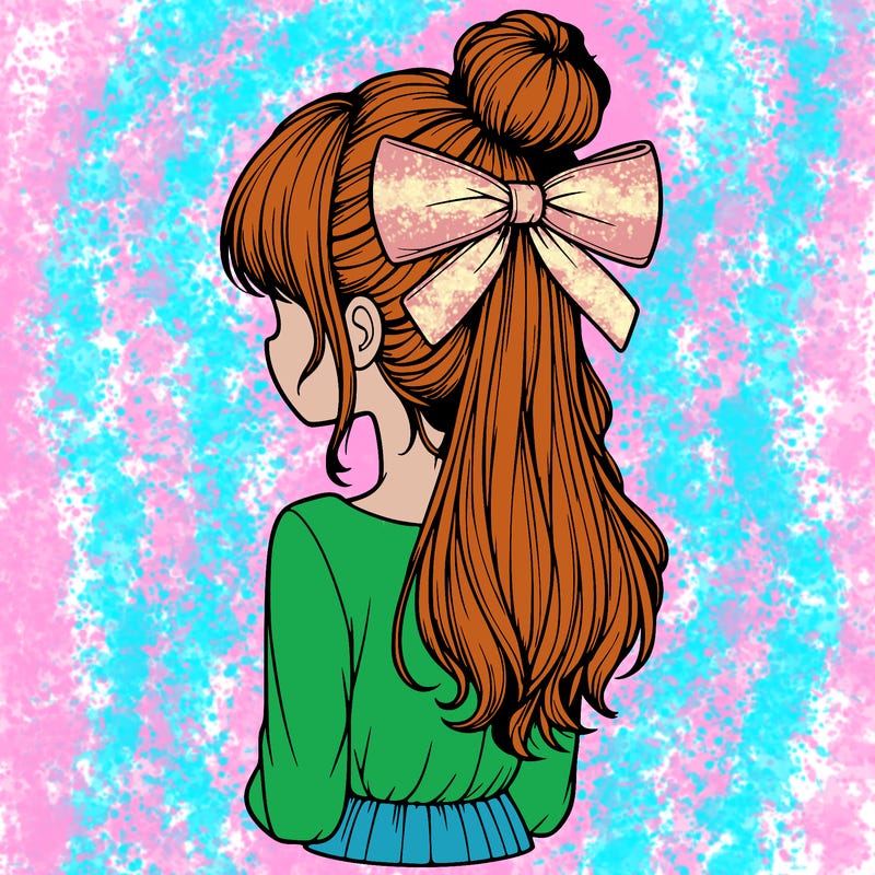 realistic girl  with hip length hair a bun and a big bow on the back of head