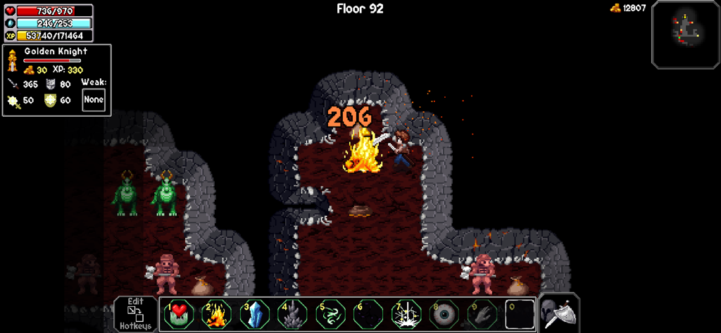 The Enchanted Cave 2 - Una escena de combate pixel art en The Enchanted Cave 2 donde un personaje jugador ataca a un monstruo de fuego en el piso 92 de una mazmorra.