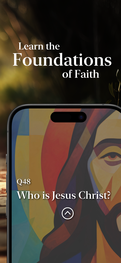 The Catechism app interface showing the question Who is Jesus Christ with a stained glass illustration
