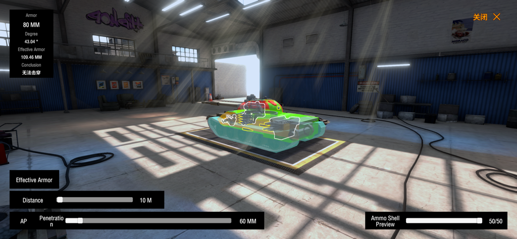 Panzer War ：DE - A tank in a garage showing its internal modules and armor thickness statistics in an X-ray view
