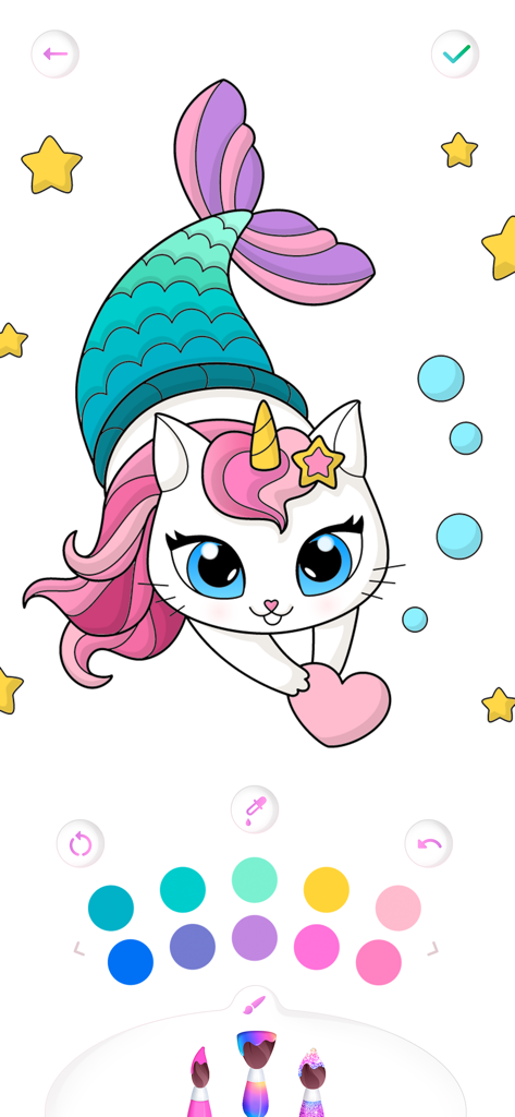 Mermaid coloring book kids - A cute mermaid cat with a unicorn horn being colored in a digital coloring book app.