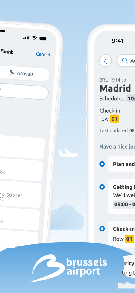 Brussels Airport - Interfaccia dell'app mobile dell'Aeroporto di Bruxelles con tracciamento del volo per Madrid e un pianificatore di viaggio.