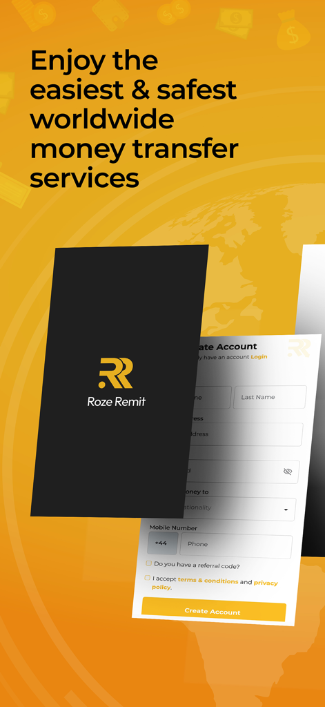 Roze Remit - Roze Remit app registration screen for international money transfers