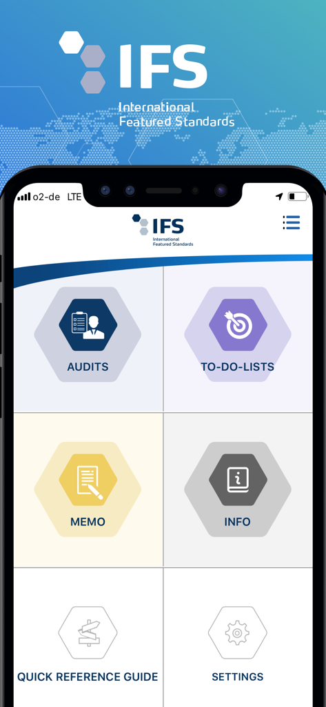 Panel principal de la aplicación móvil IFS Audit Manager que muestra iconos para auditorías, listas de tareas pendientes y memorandos.
