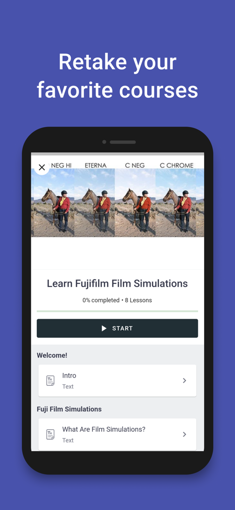 Peltier Photo Courses - Mobile app screen displaying a photography course titled Learn Fujifilm Film Simulations with a list of lessons