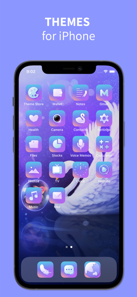 Theme Store: widget changer - Tela inicial do iPhone com ícones roxos estéticos e papel de parede de cisne