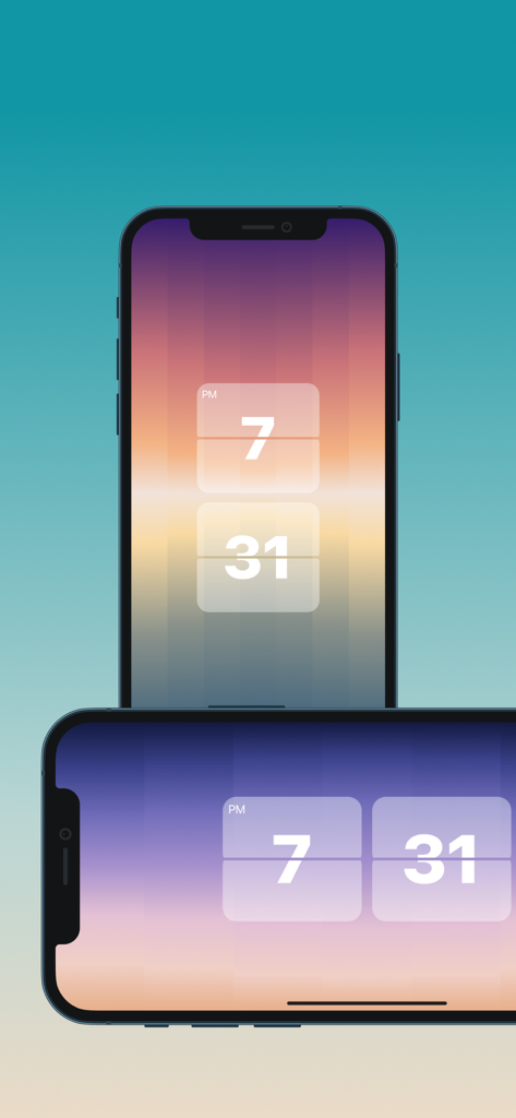 Heal Clock - Heal Clock app displaying a minimalist flip clock on iPhone with an aesthetic sunset gradient background