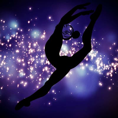 gymnast doing a leap in a leotard with a bent back leg