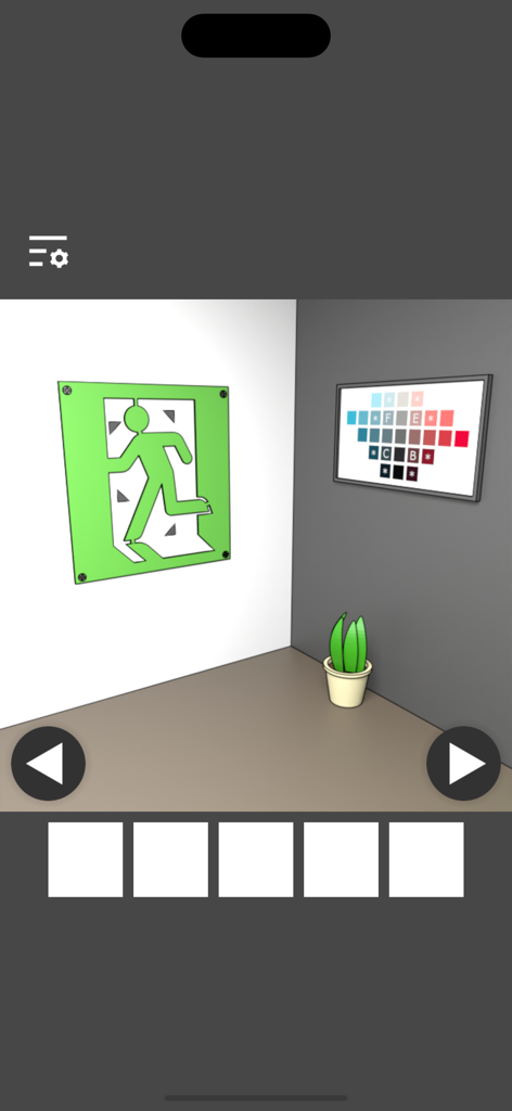 Esquina de una sala de escape minimalista con un letrero de salida y un puzle de paleta de colores