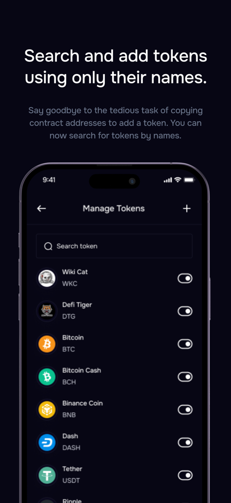 Peniwallet - Interfaz de la aplicación móvil Peniwallet mostrando la pantalla de gestión de tokens con una barra de búsqueda y una lista de criptomonedas como Bitcoin y Tether.