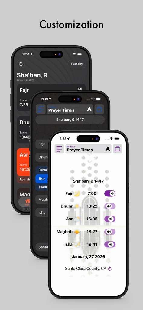 Athan: Full Athan - Tres iPhones que muestran la personalización del modo oscuro y claro de la aplicación Athan Full Athan para los horarios de oración
