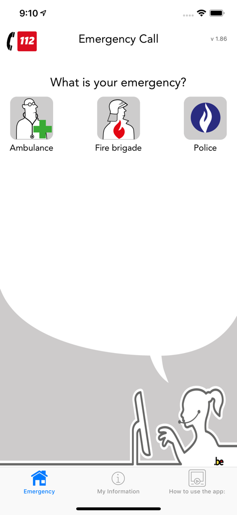 Interface of the 112 BE app showing emergency service options for ambulance fire brigade and police