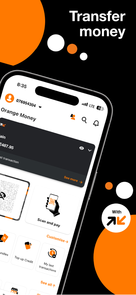 Orange Max it - Sierra Leone - Orange Max it app interface showing money transfer and scan and pay options for Orange Money