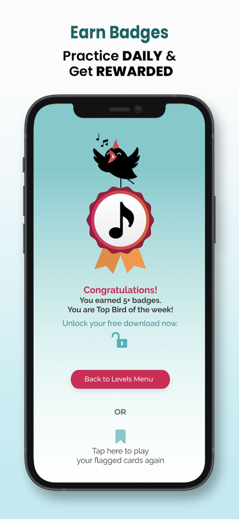Pantalla de logros de la aplicación Note Quest que muestra una insignia de nota musical y un mensaje de recompensa por practicar a diario