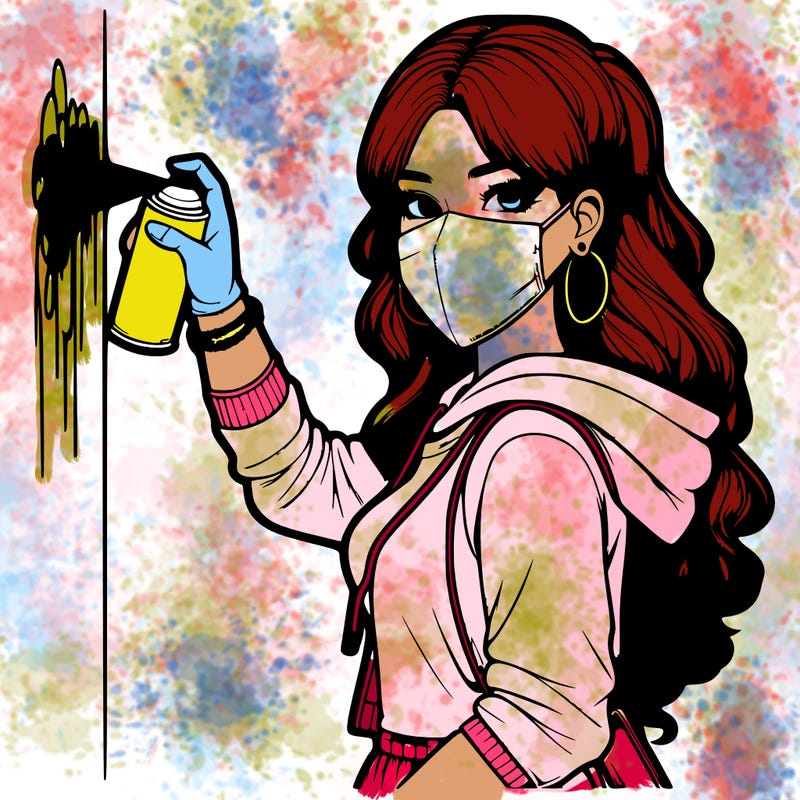 realistic girl with mask spray painting a wall