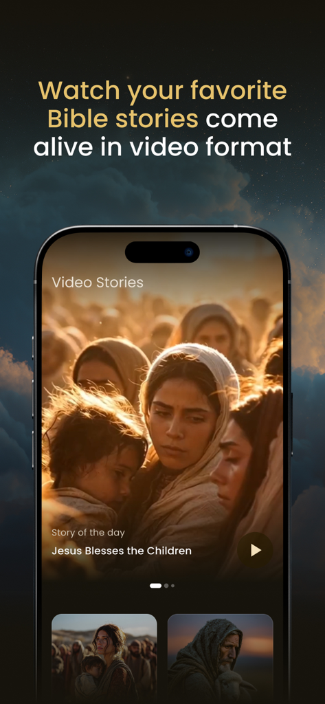 BeBlessedMe - BeBlessedMe 앱의 스마트폰 화면, 예수님께서 아이들에게 축복하시는 비디오 이야기 소개