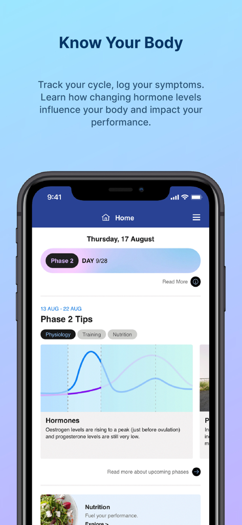 FitrWoman - Interfaz de la app FitrWoman mostrando fases del ciclo menstrual y seguimiento de niveles hormonales para atletas femeninas