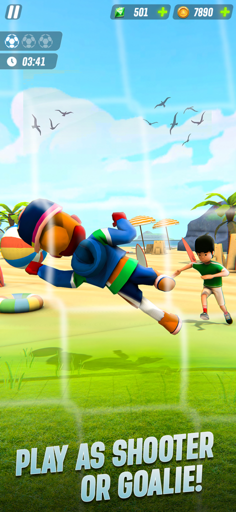Soccer Star - Flick Football - ビーチサッカーピッチでボールをセーブするためにダイブするゴールキーパーキャラクター。シューターまたはゴールキーパーとしてプレイするテキストが表示されている