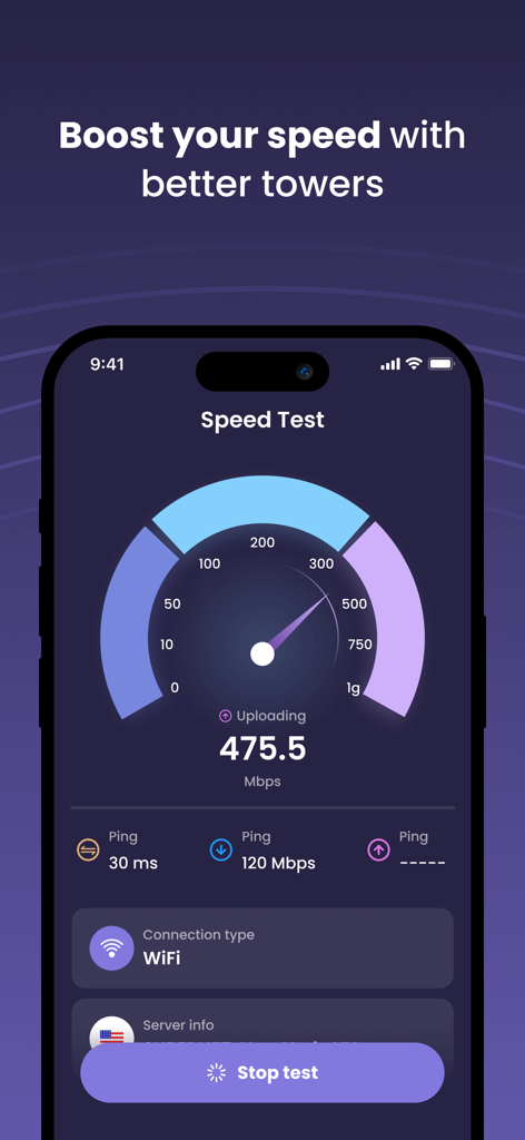 업로드 결과가 있는 네트워크 속도 테스트 게이지를 보여주는 모바일 앱 인터페이스