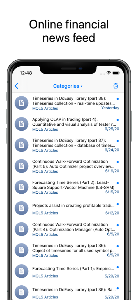 Application mobile MetaTrader 5 affichant un flux de nouvelles financières et d'articles de trading technique