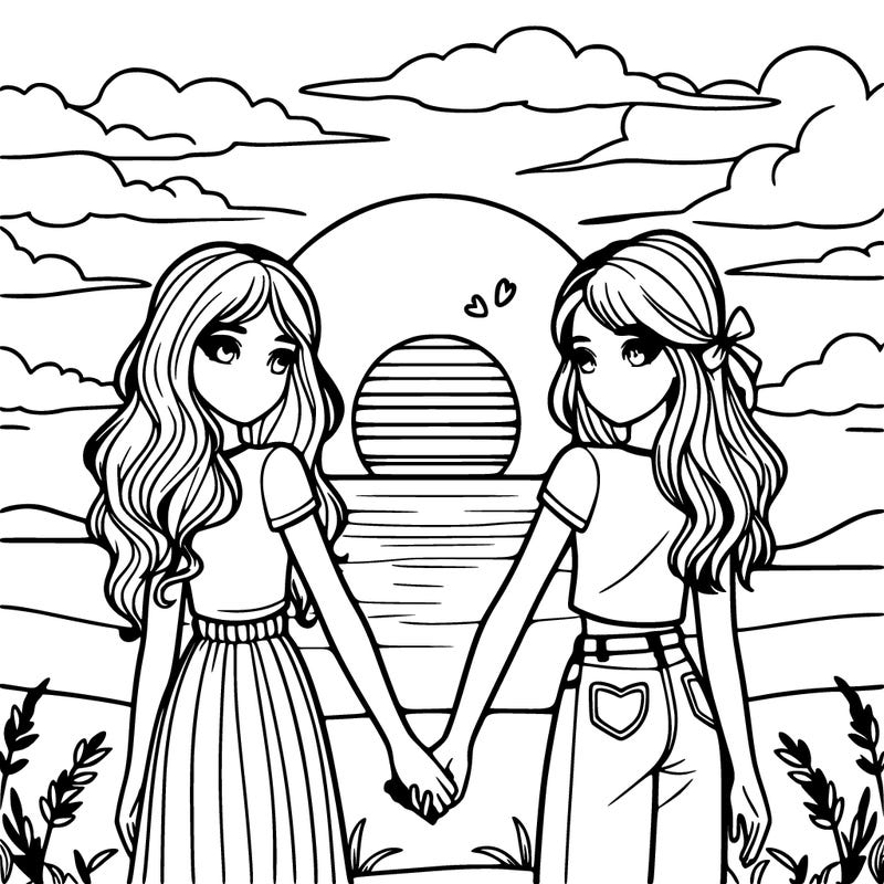 two realistic girls holding hands with a sunset in the background