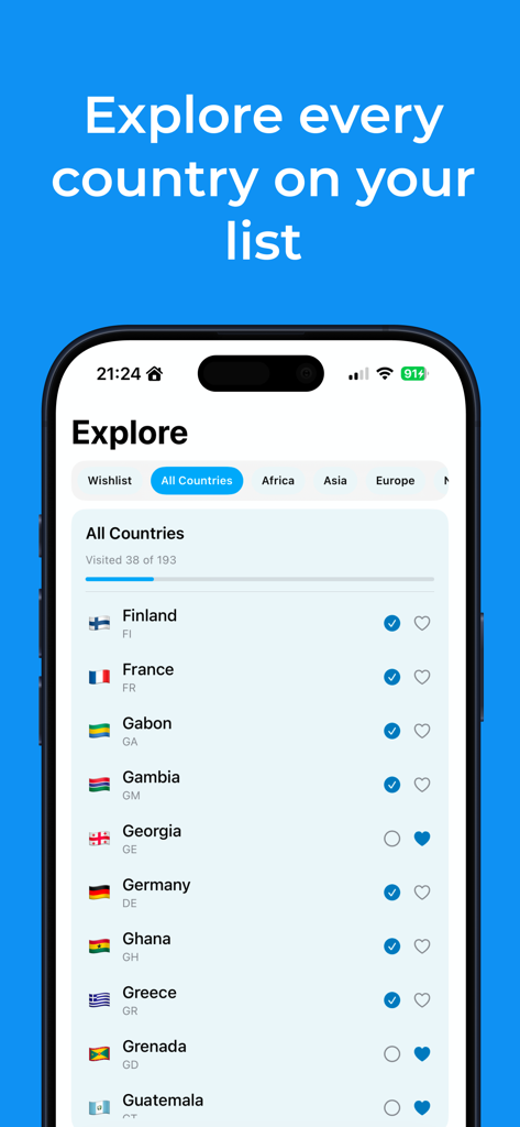 Been Atlas - Travel Map - Been Atlas App-Bildschirm, der eine Checkliste von Ländern zur Verfolgung des Reisefortschritts und Wunschzielen zeigt