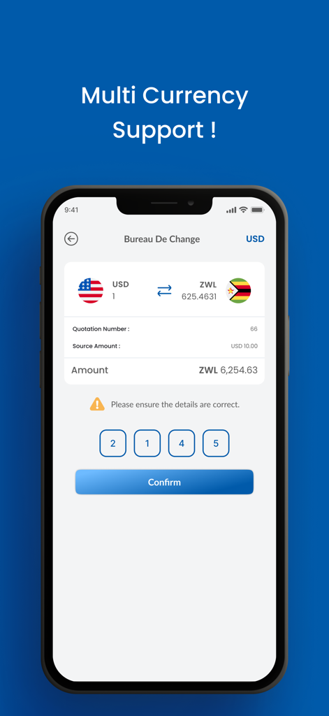 EcoCash Zimbabwe - EcoCash app screen showing multi currency support for USD to ZWL conversion