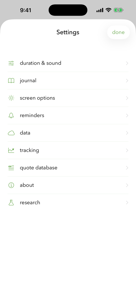 Dharma Wellness - Menú de configuración de la aplicación Dharma Wellness que muestra opciones para diario de meditación, privacidad de datos y modo de investigación