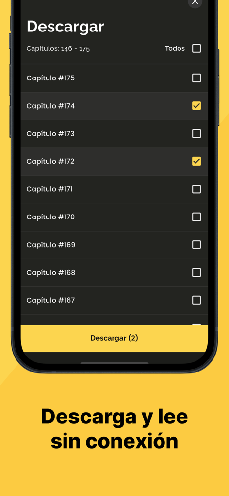KanX - Interface of the KanX app showing the chapter selection for offline manga downloads