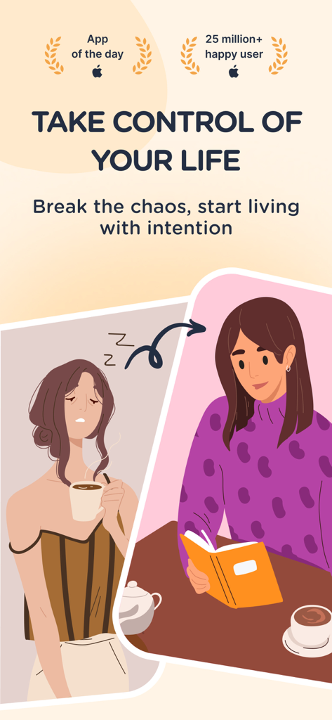 Dear Me: Daily Routine Tracker - Une illustration représentant la transformation d'une femme d'une matinée chaotique à un style de vie organisé avec l'application Dear Me