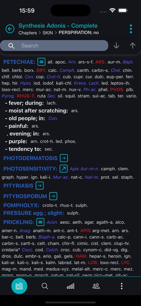 Captura de pantalla de la app OpusGo mostrando una lista de síntomas de la piel y remedios homeopáticos asociados del Repertorio Synthesis