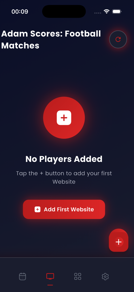 Yacine TV - قنوات تيفي - Empty state screen of the Yacine TV app prompting users to add football website sources