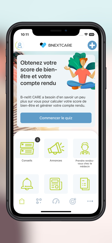 B-neXt CARE mobile app home screen showing a well-being score quiz prompt and health management dashboard icons